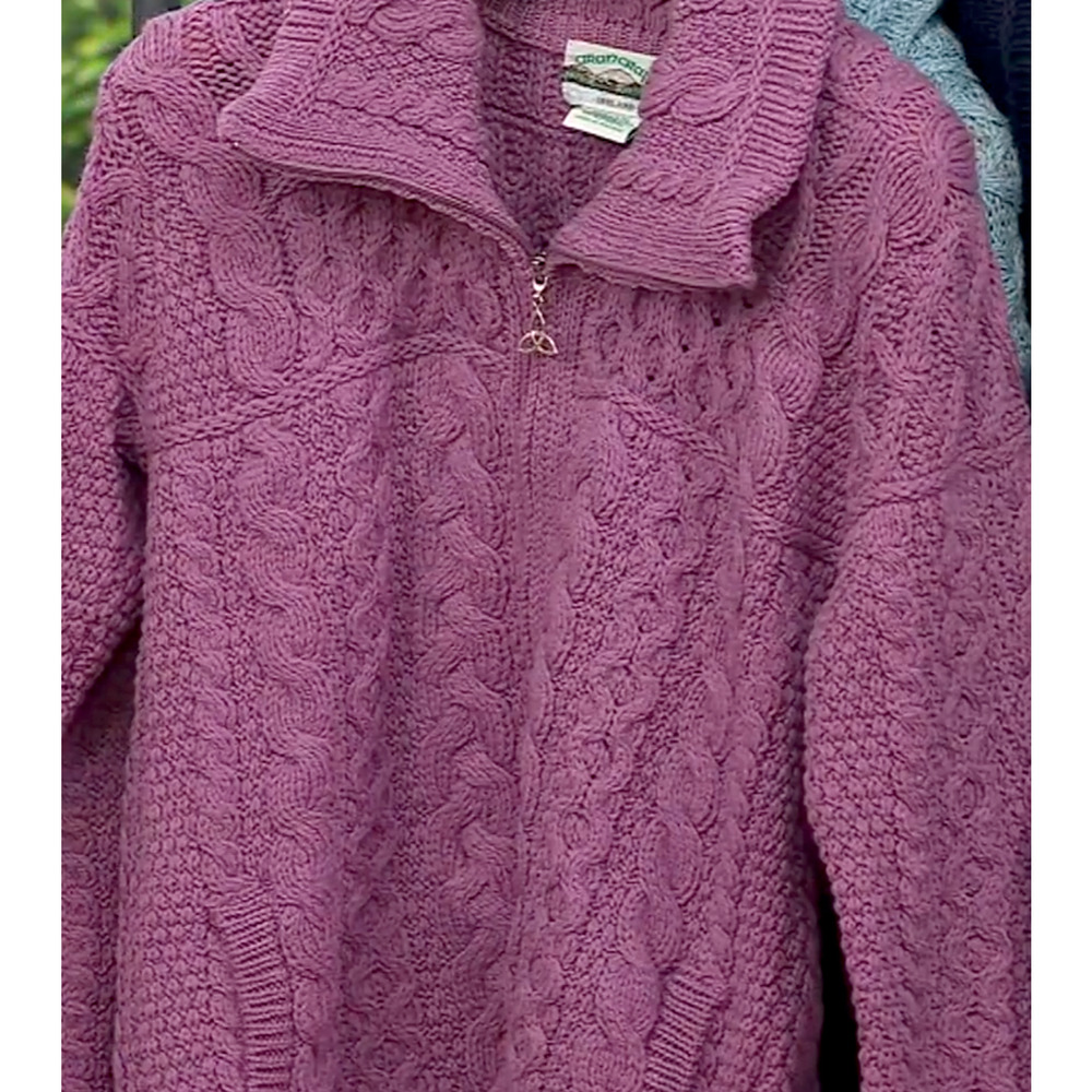 NEW ARAN CRAFTS PLUM MERINO WOOL ZIP FRONT CABLE KNIT CARDIGAN SWEATER COAT XXL - Picture 8 of 16